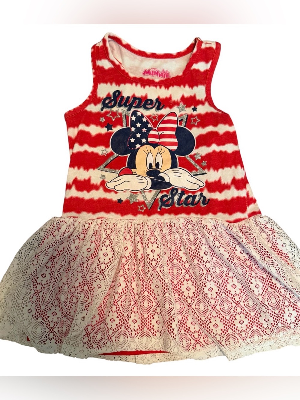 Vintage Disney Minnie Mouse Toddler Tank Lace Dress Tie Dye USA Patriotic 3T